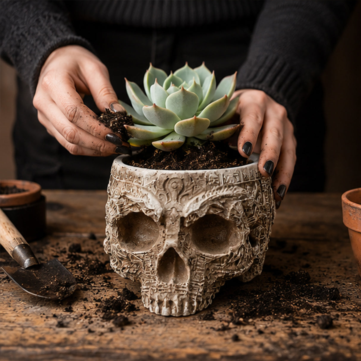 6IN Halloween Handcrafted Half Skull Flower Pot Decor