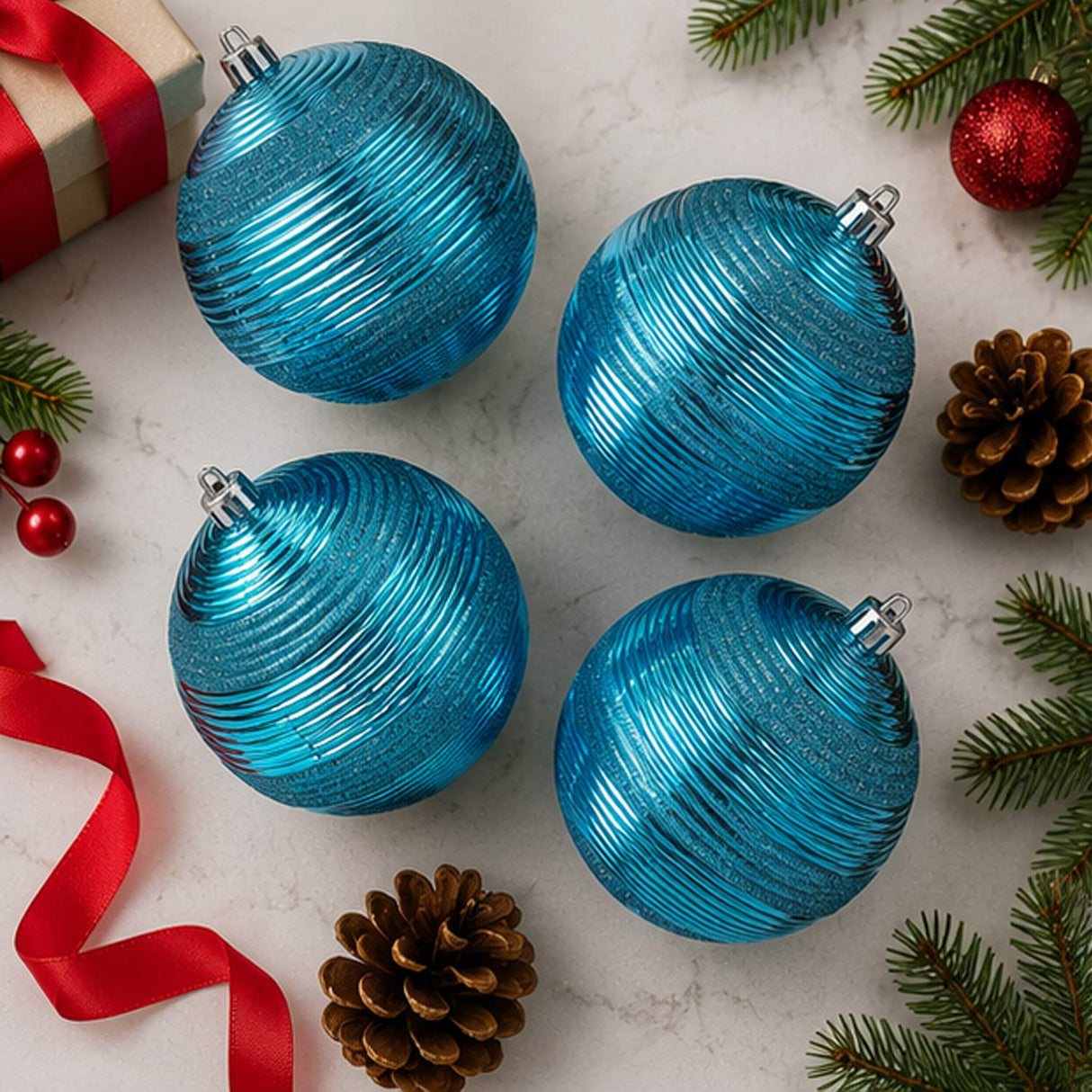 4-Piece Shatterproof Swirling Blue Glitter Christmas Balls