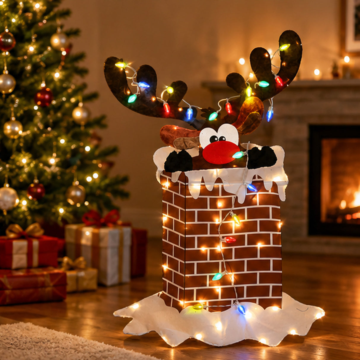 47IN Pre-Lit Reindeer in Chimney Christmas Decoration with Multicolor LED Lights