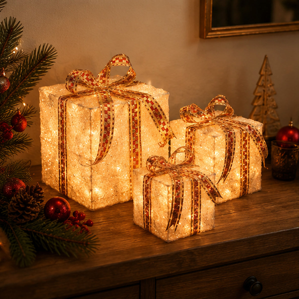 Pre-Lit White and Gold Christmas Gift Boxes Set of 3 with Clear Lights Plug-In