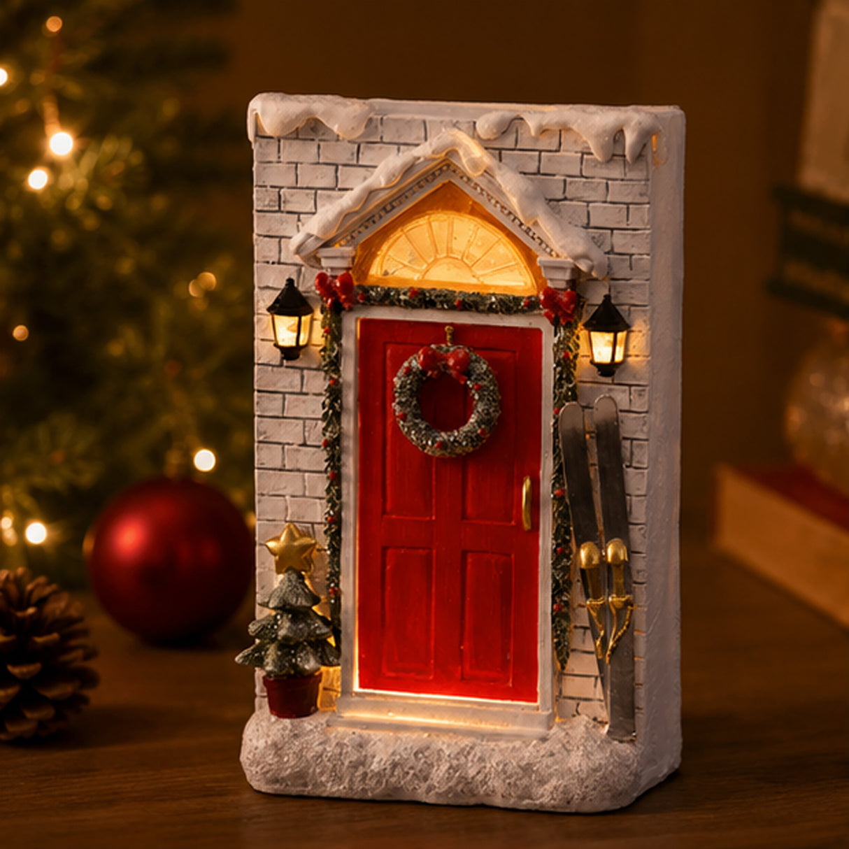10IN Holiday Door Front Figurine with Warm White LED Lights Indoor Christmas Decor
