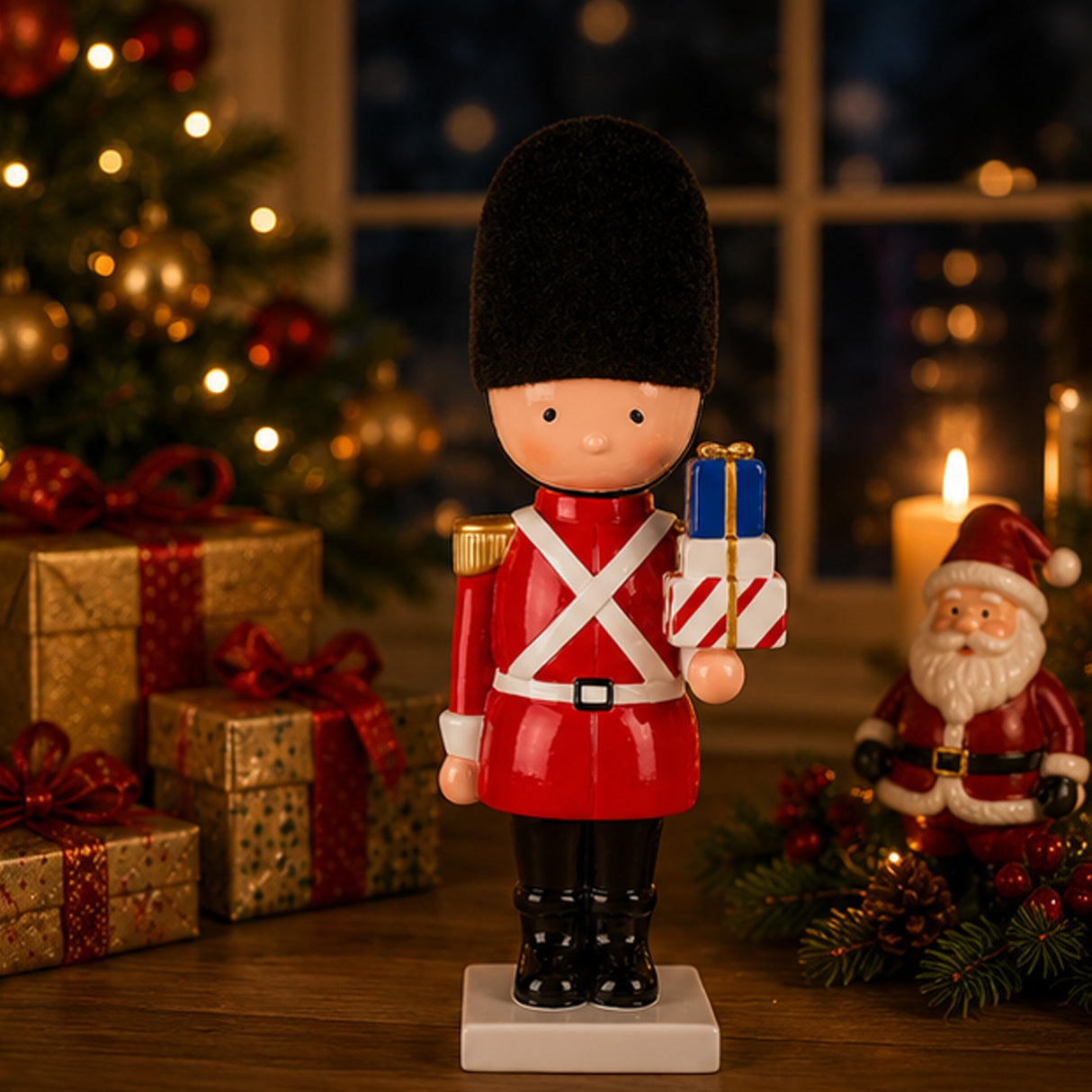 11IN Christmas Soldier Figurine with Wrapped Gifts Hand-Painted Indoor Holiday Decor