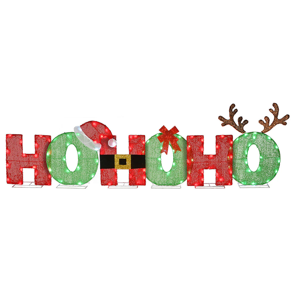 23IN Tinsel Fabric HO HO HO Christmas Sign with Red & Cool White LED Lights Plug-In