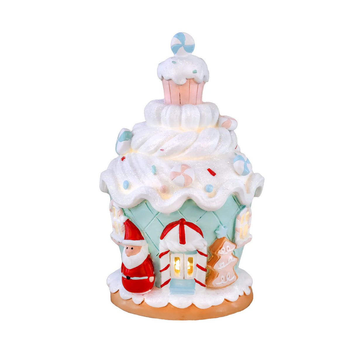8IN Santa Cake House Figurine with Warm Yellow LED Lights Indoor Christmas Decor