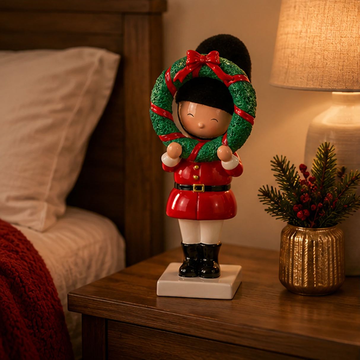 10IN Christmas Soldier Figurine Holding Wreath Hand-Painted Indoor Holiday Decor