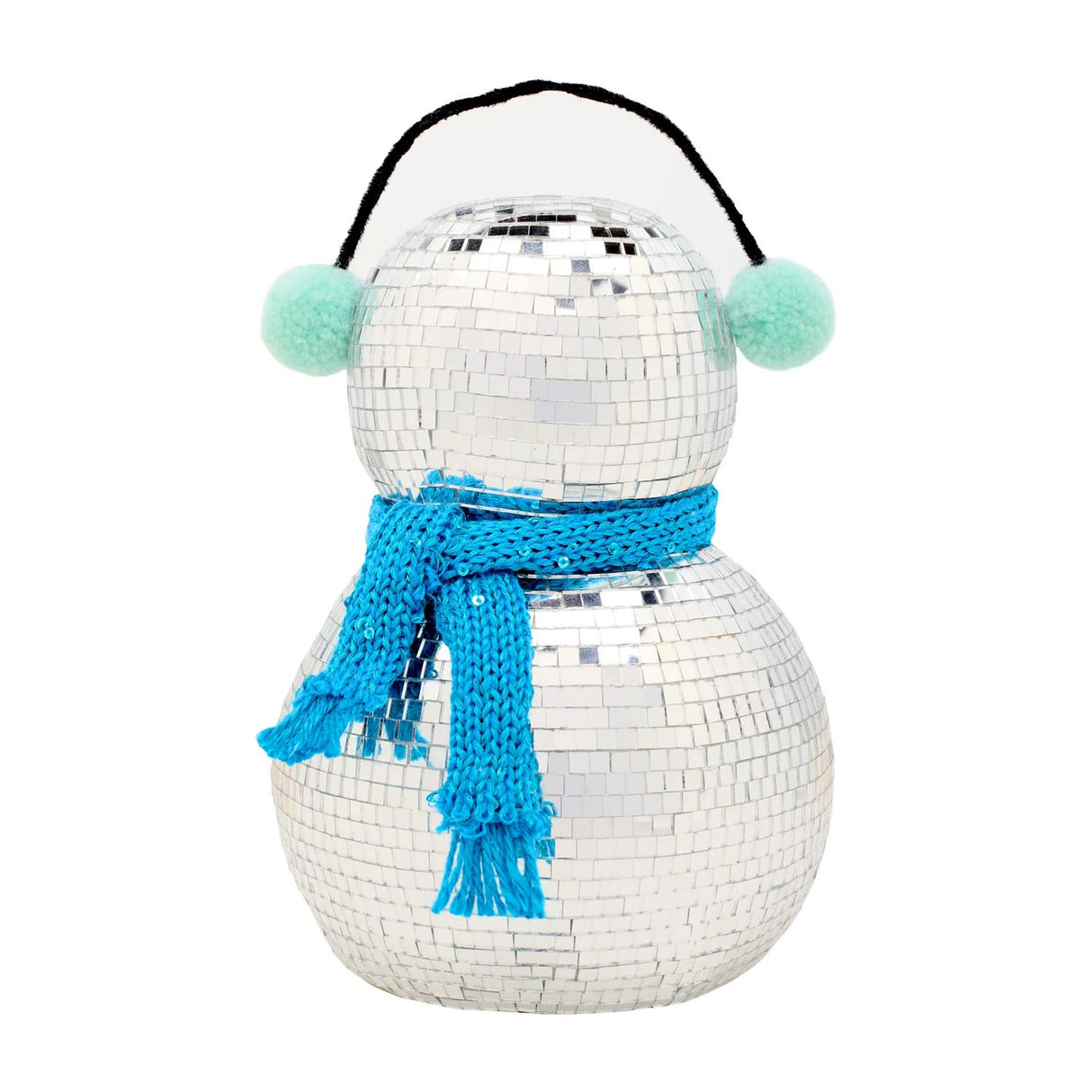 10IN Disco Snowman Figurine with Blue Scarf & Silver Ear Muffs Mirror Ball Holiday Decor
