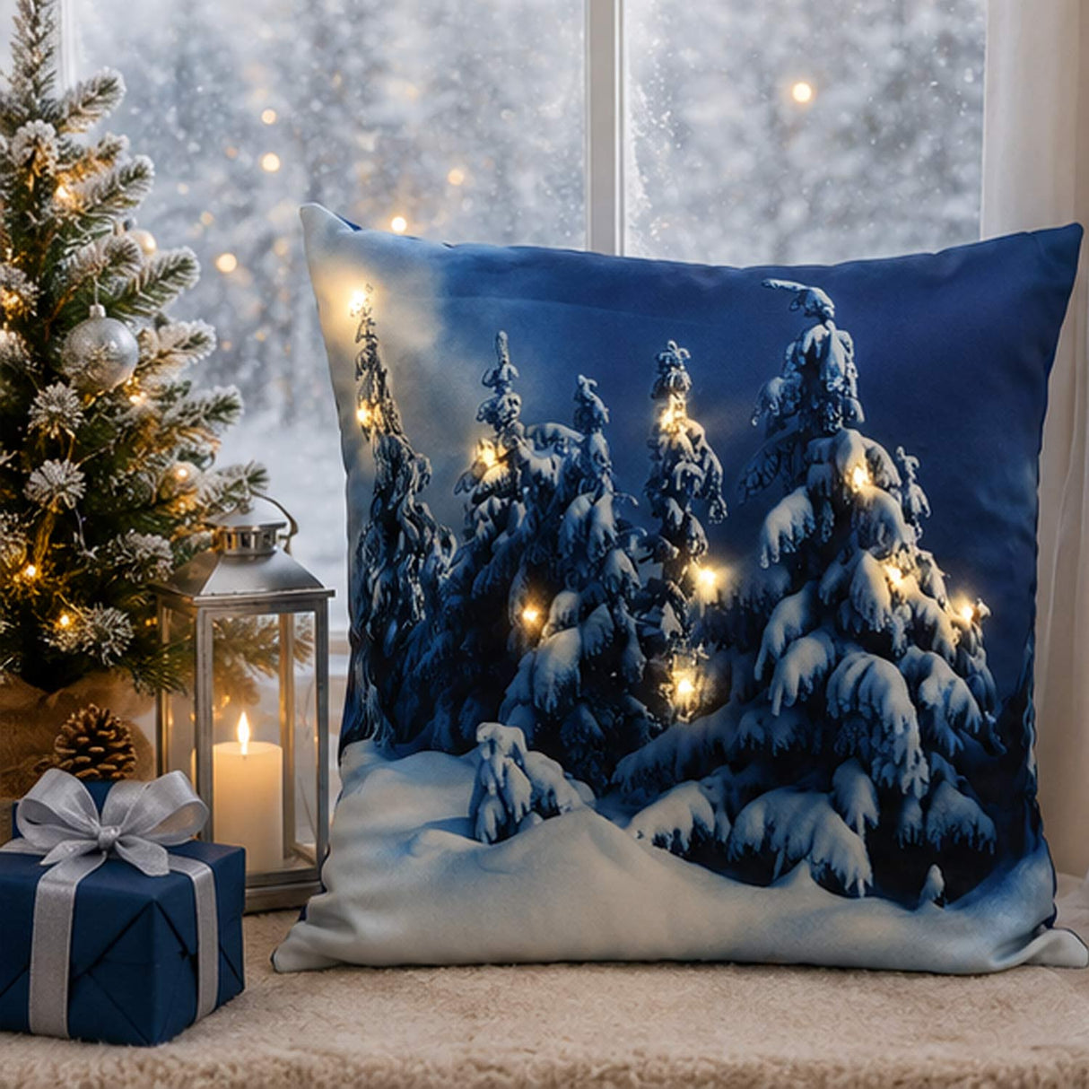 17IN Winter Scene Decorative Pillow with Warm White LED Lights Christmas Cushion