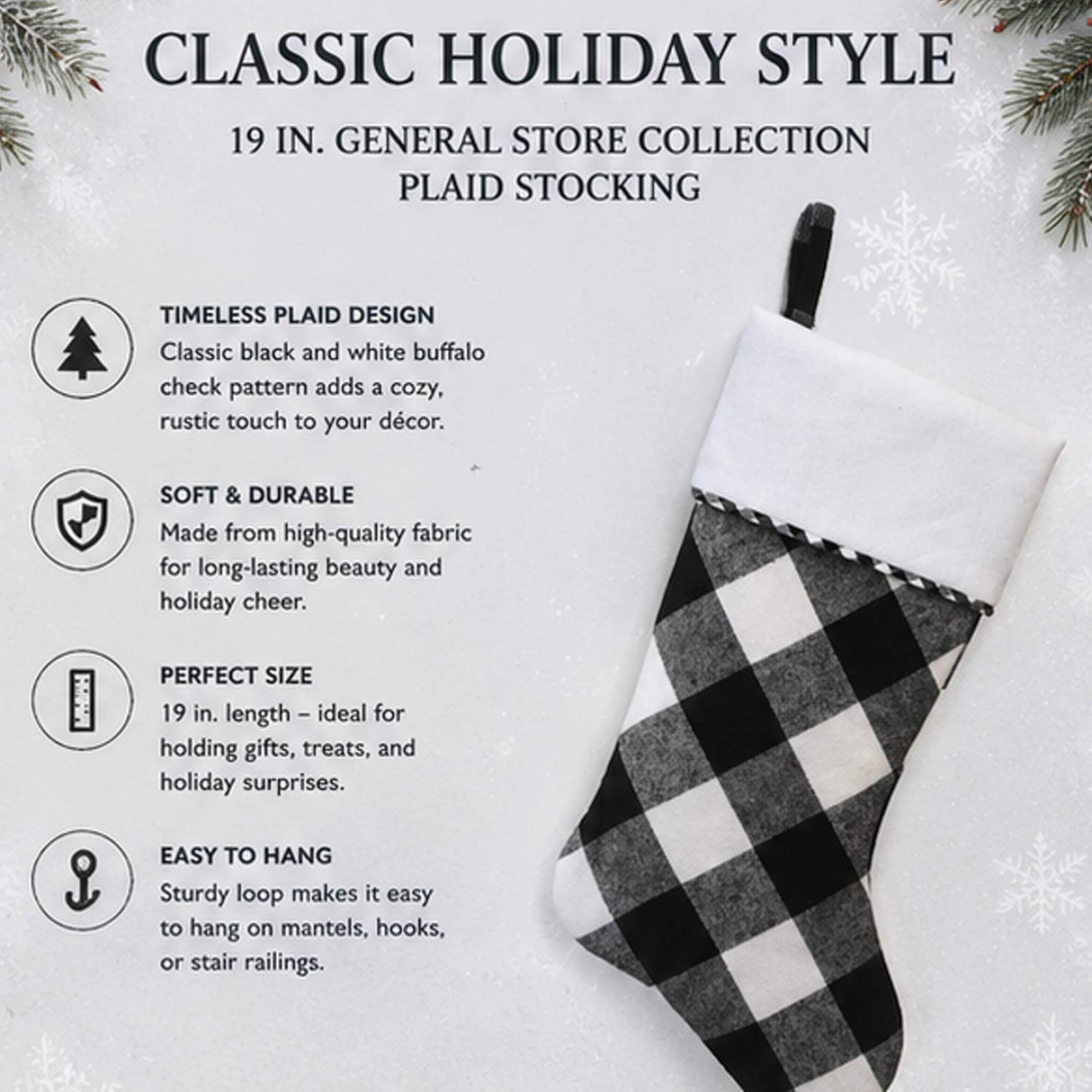 19IN General Store Collection Black & White Plaid Christmas Stocking