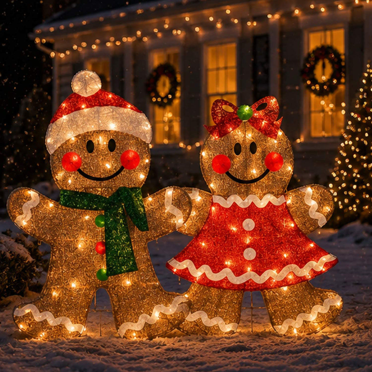 35IN Pre-Lit Gingerbread Cookie Couple Christmas Decoration Set
