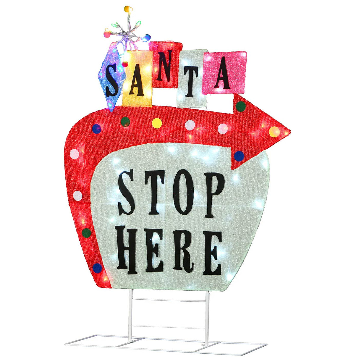 50IN Pre-Lit Vintage Vegas Santa Stop Here Sign LED Christmas Decor