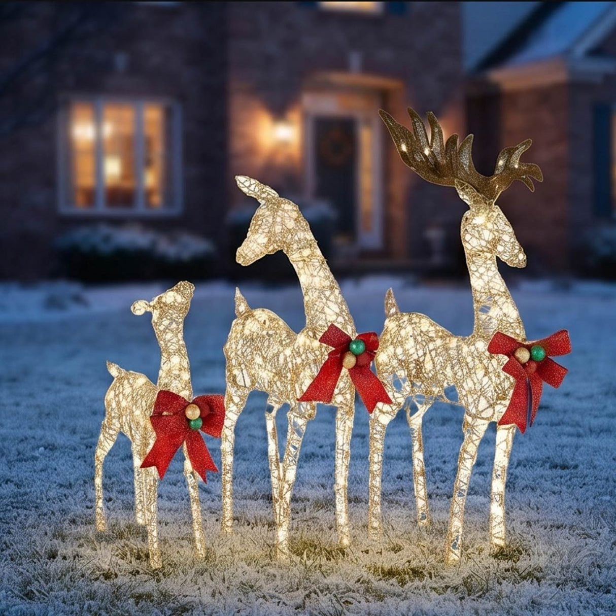Champagne Glitter Deer Family 3-Piece with Warm White LED Lights