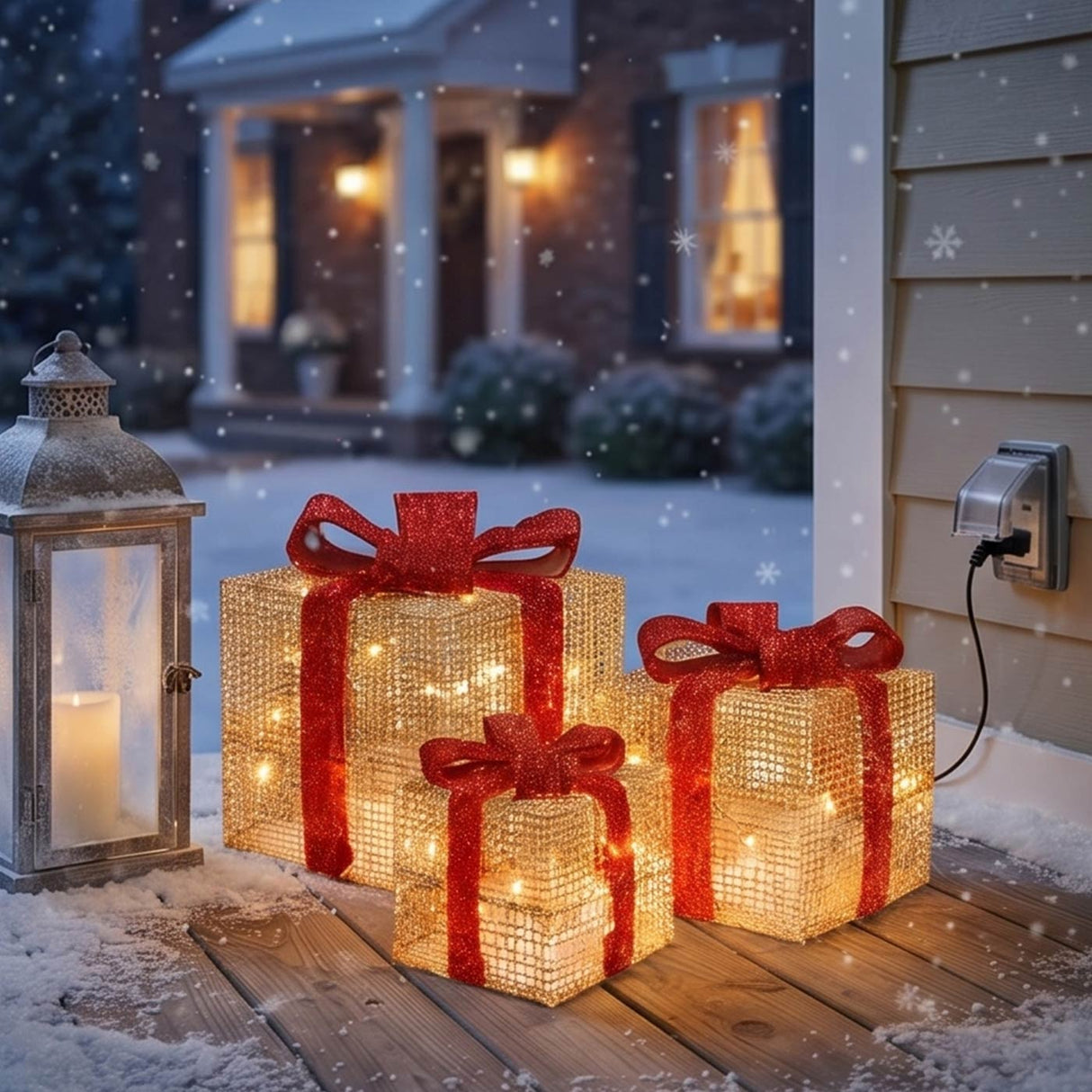 Pre-Lit Gold Gift Boxes, Set of Three, 35 White Lights