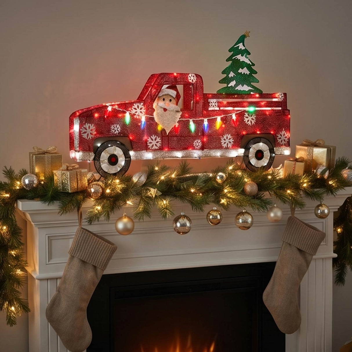 27IN Pre Lit Santa in Red Truck with Multicolor LED Lights