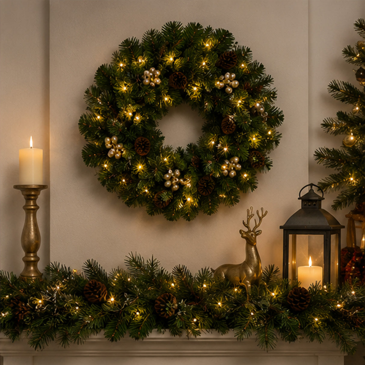 Pre-Lit 24 in. Crestwood Gold Spruce Christmas Wreath with Warm White LED Lights