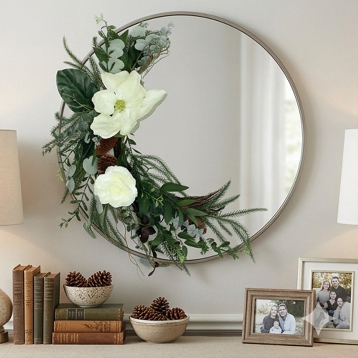 26IN Mixed Greens Wreath with White Flowers and Pinecones