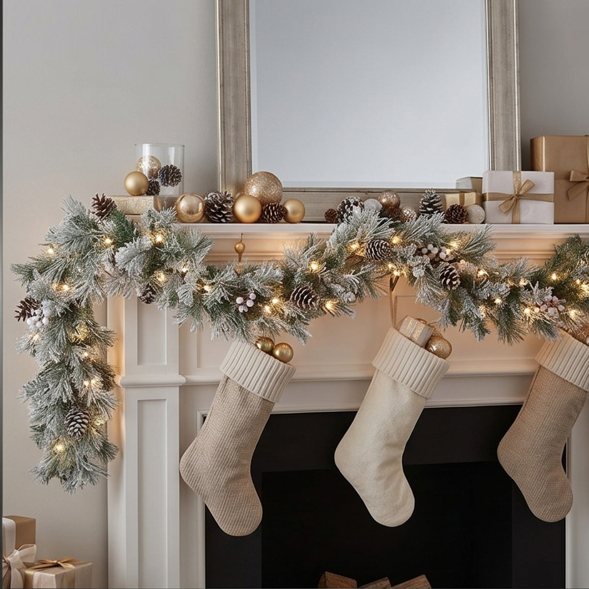 9FT Pre-Lit Snowy Bedford Pine Garland with LED Lights