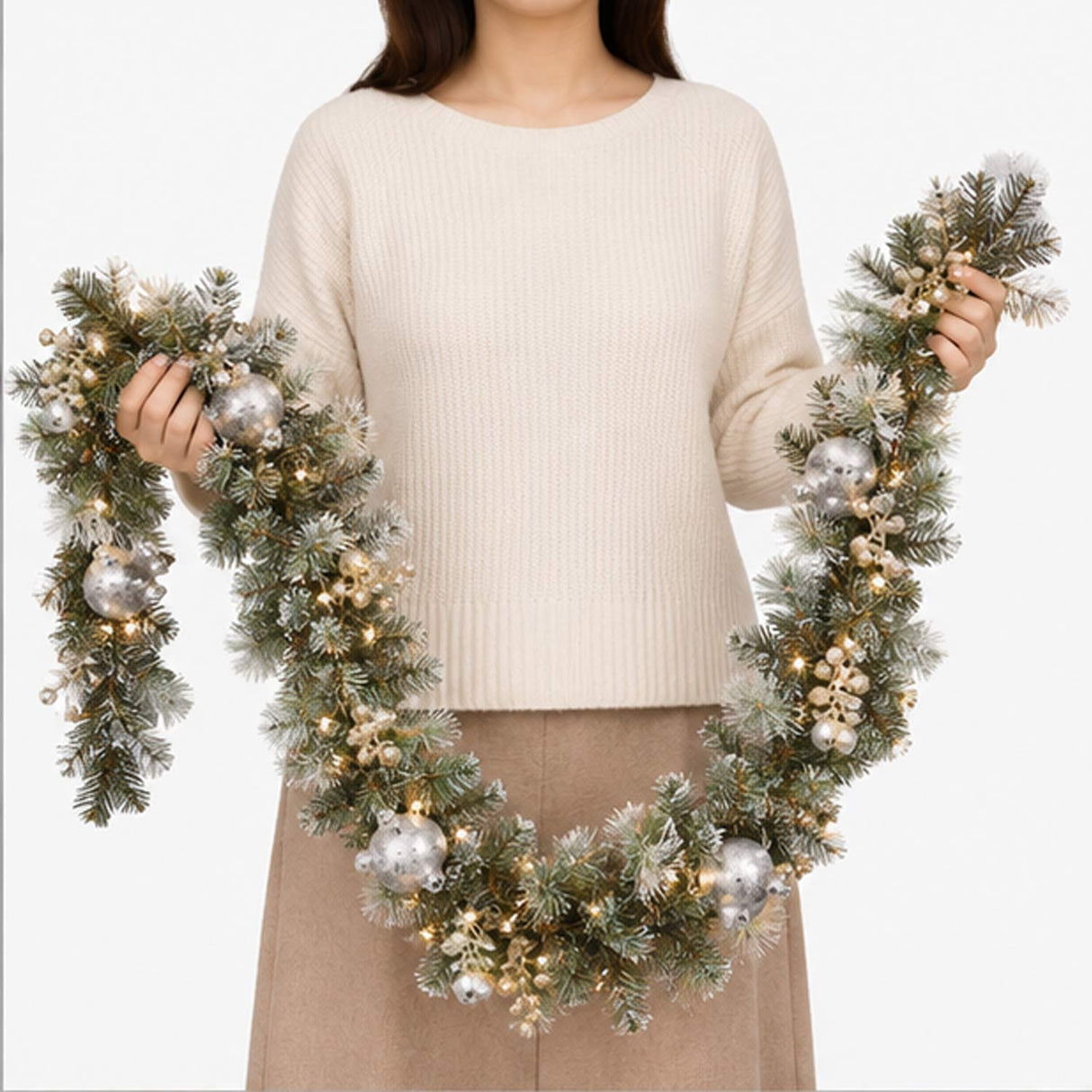 Pre-Lit Glittery Pine Pomegranate Garland with Clear Lights, 9 Foot (Plug-In)