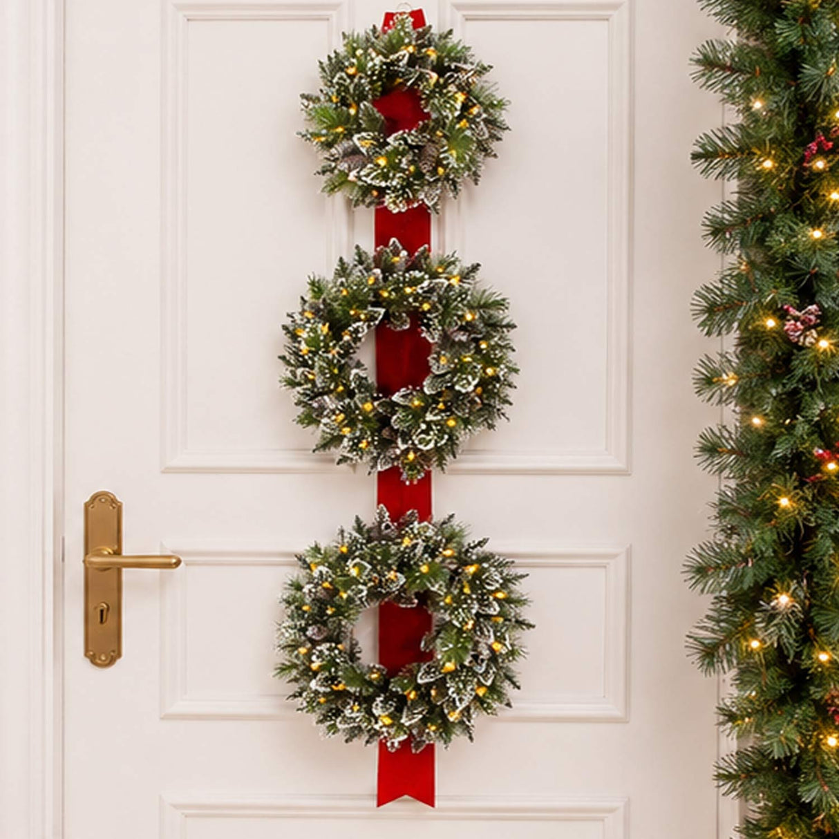 Pre-Lit Glittery Bristle Triple Wreath Door Hanging with Warm White LED Lights