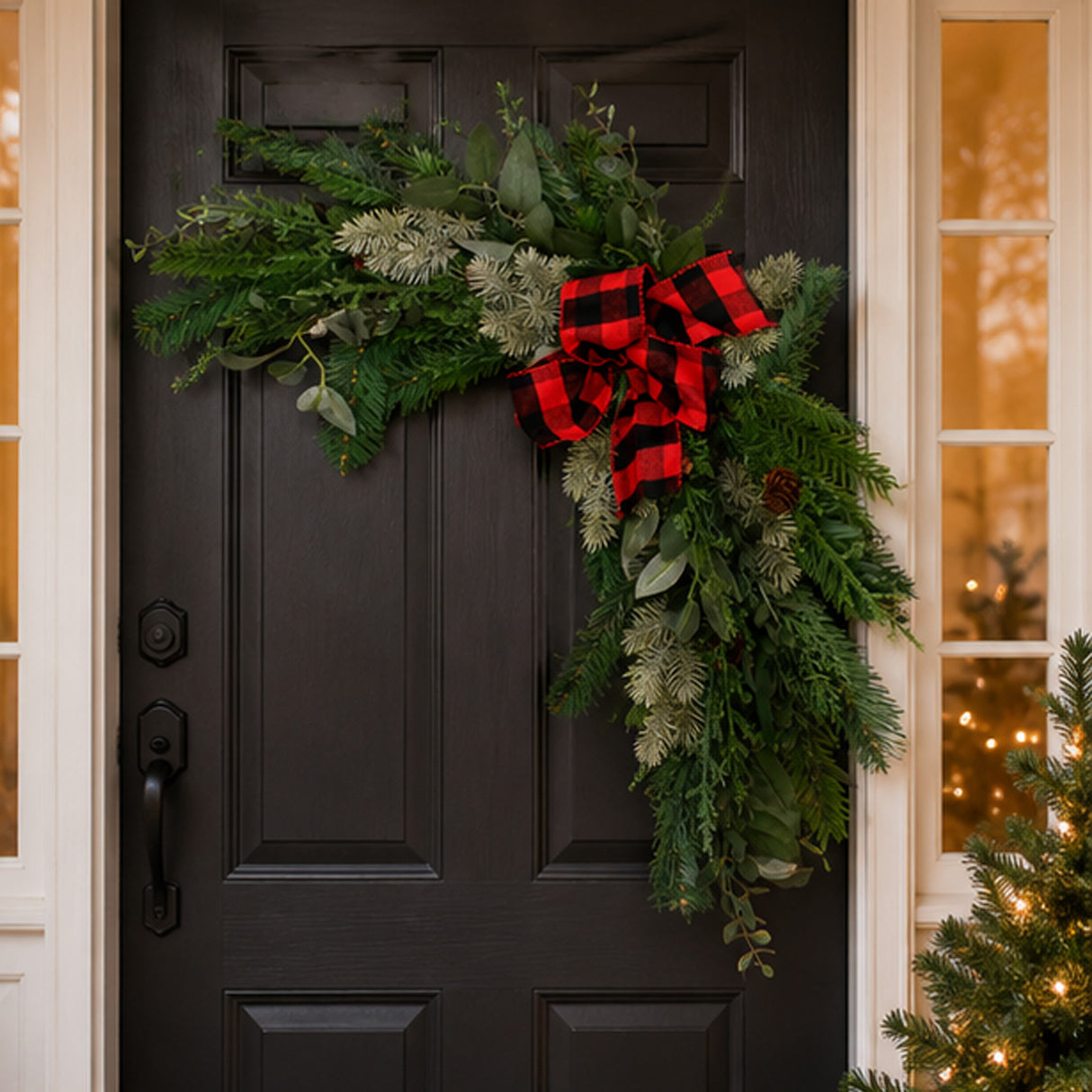 Mixed Pine Corner Swags with Buffalo Plaid Bow, 24 Inch Set of 2