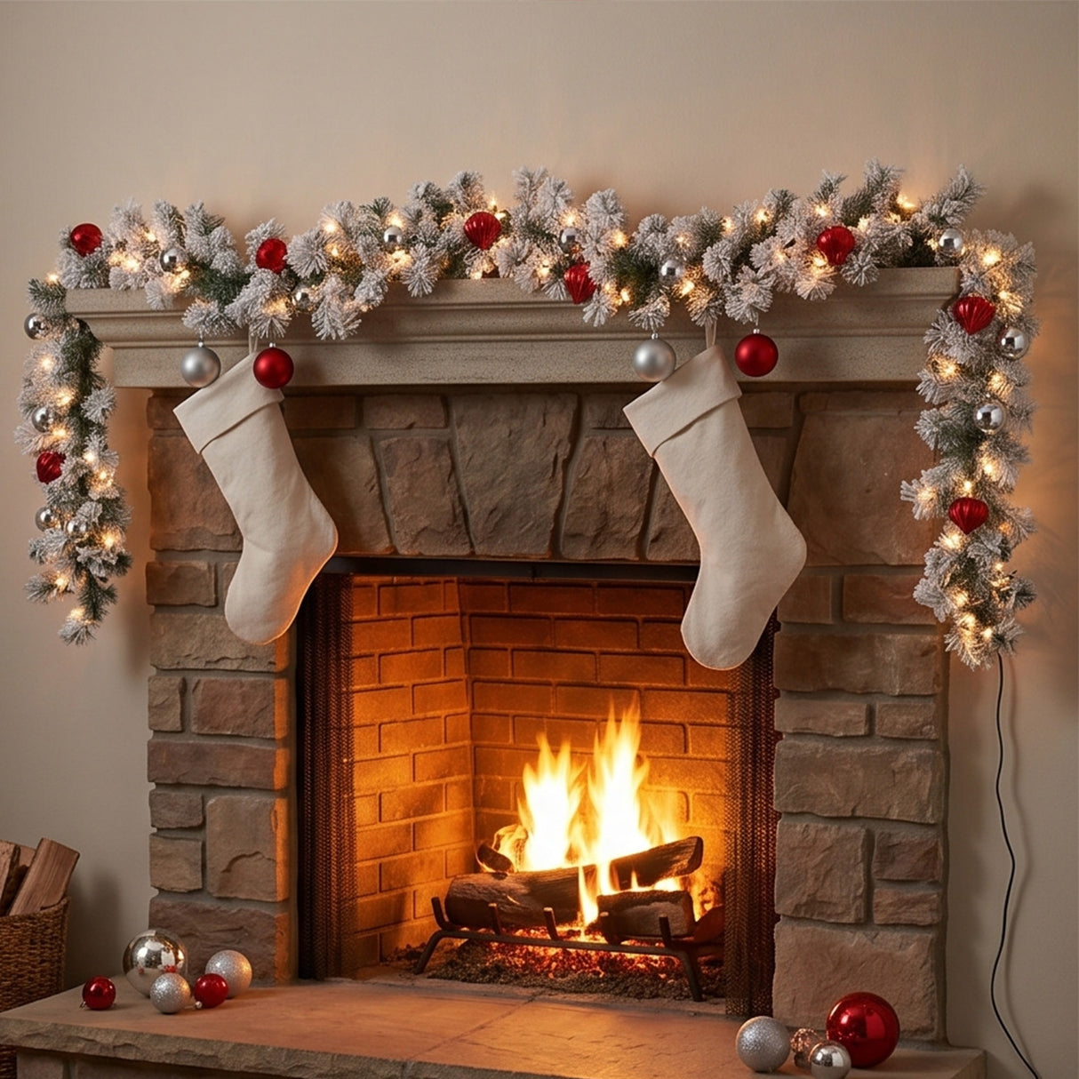 Pre-Lit Snowy Bristle Pine Garland with Ornaments & Clear Lights, 9 Foot