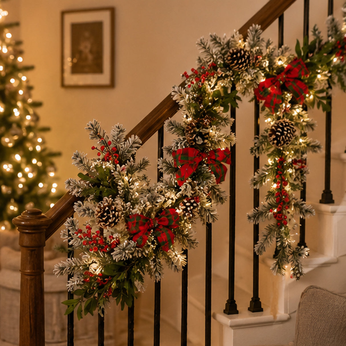 Pre-Lit Snowy General Store Garland with Plaid Bows & LED Lights, 9ft