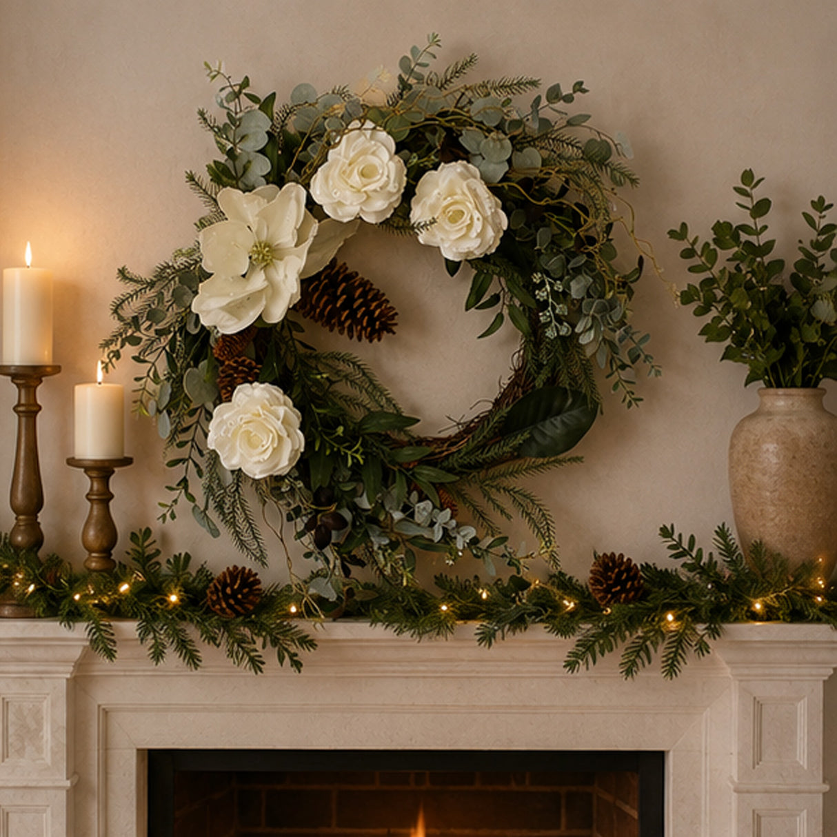 26in Mixed Greens Christmas Wreath with White Flowers & Pinecones
