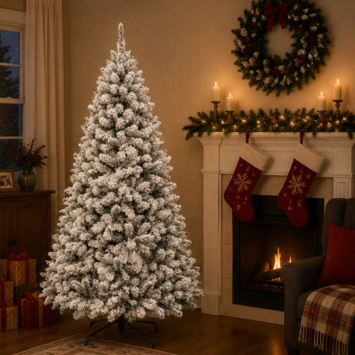 Snow Flocked Artificial Pine Christmas Tree with Foldable Metal Stand