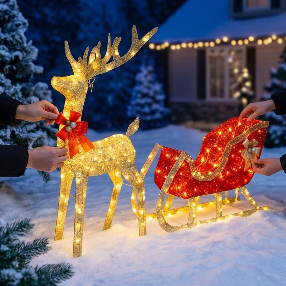 Lighted Christmas Reindeer and Sleigh Outdoor LED Decor Set