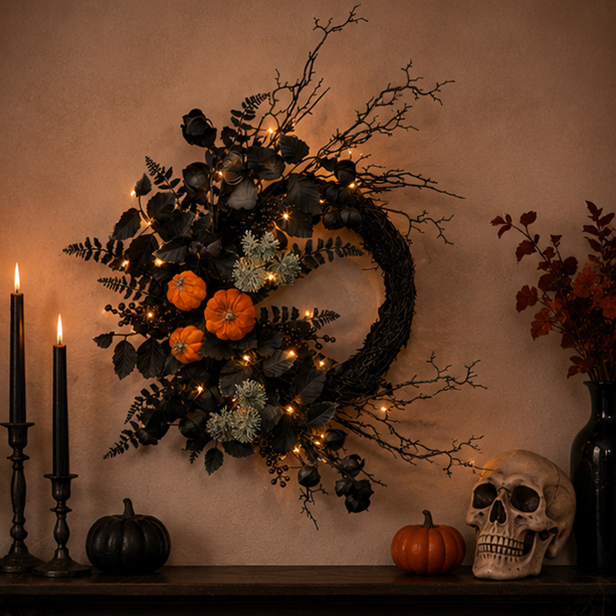 20 in. Halloween Pumpkin Half Wreath with LED Lights