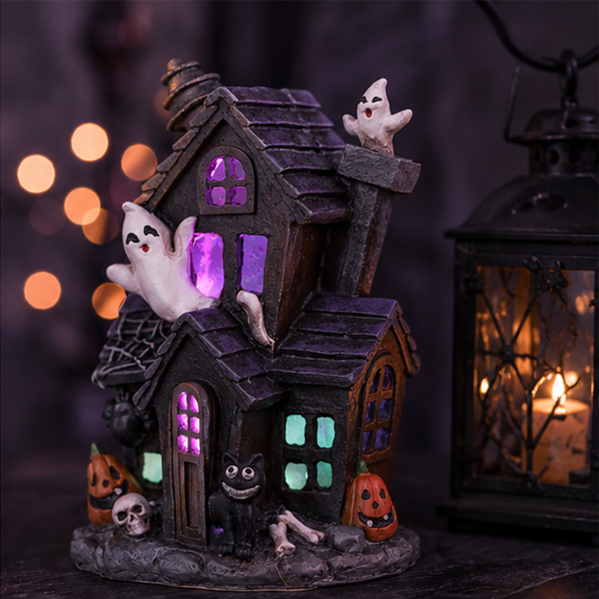 6 in. Halloween Pre-Lit Black Haunted House Decoration with LED Lights