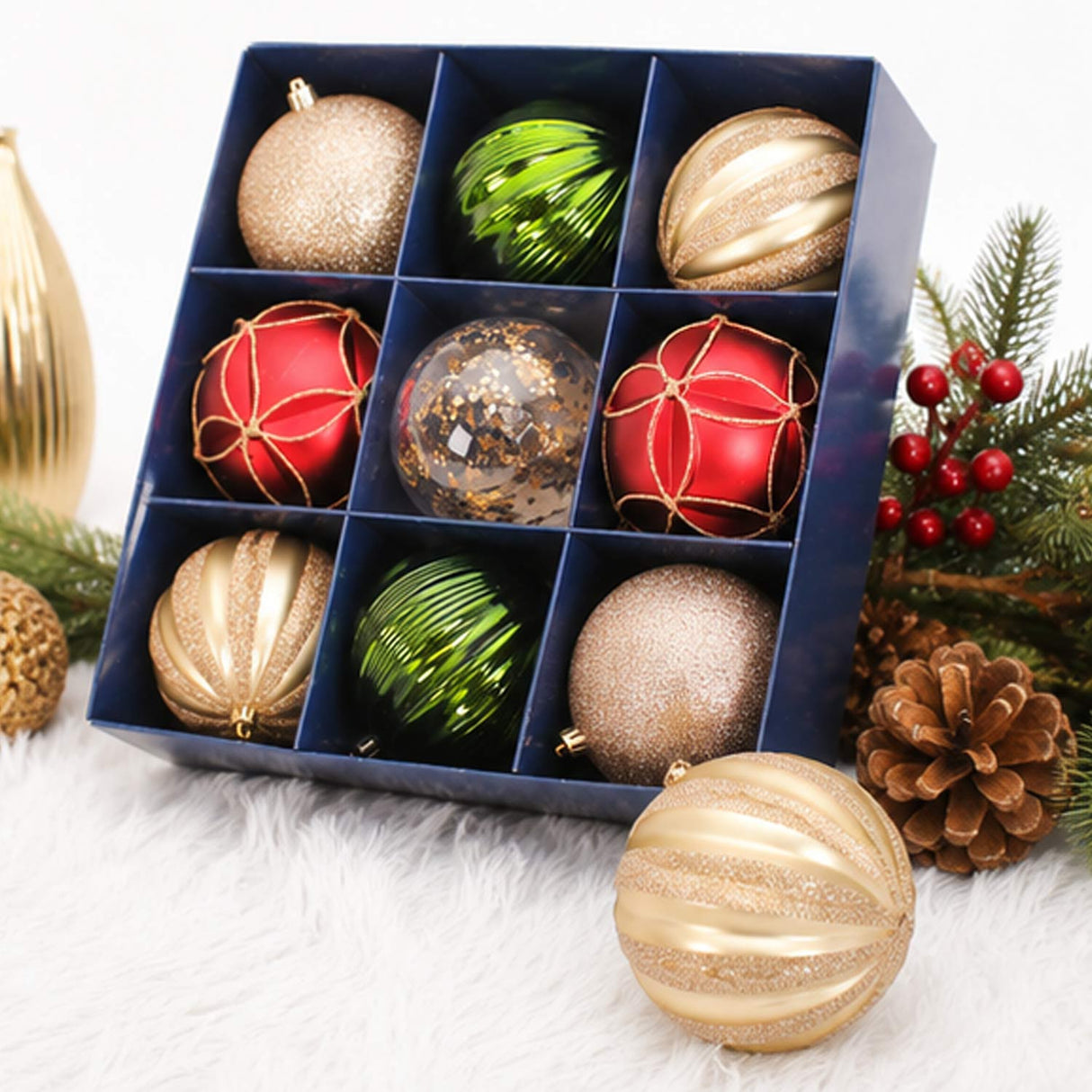 13IN Red Gold Green Christmas Ball Ornament Set