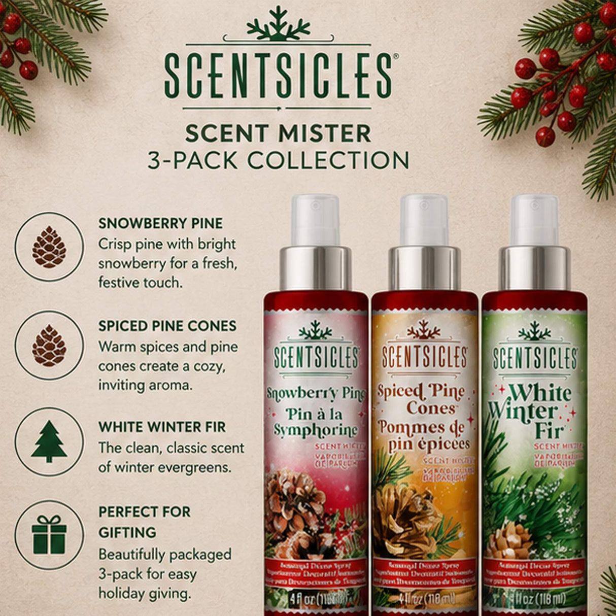 3 pack Scentsicles Scent Mister ,1 White Winter Fir/ 1 Snowberry Pine/1 Spiced Pine Cones