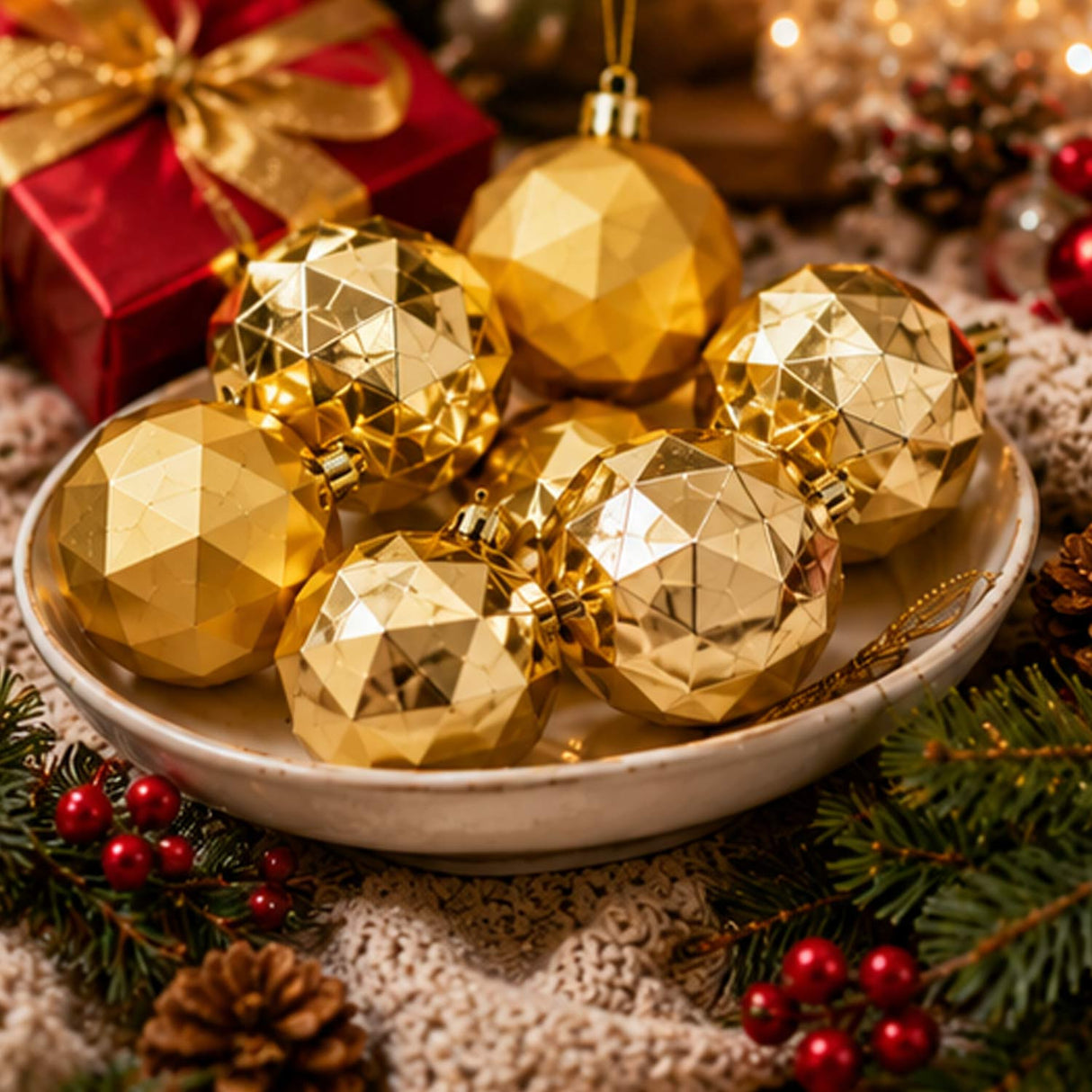 6-Piece Shatterproof Gold Geometric Ball Ornaments