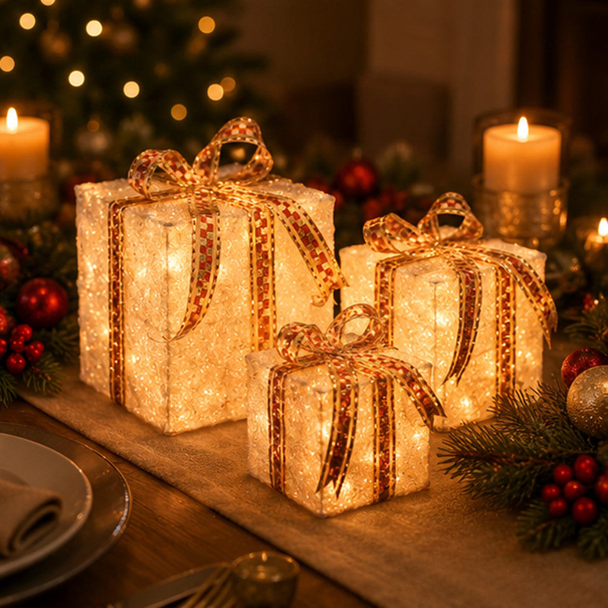Pre-Lit White and Gold Christmas Gift Boxes Set of 3 with Clear Lights Plug-In
