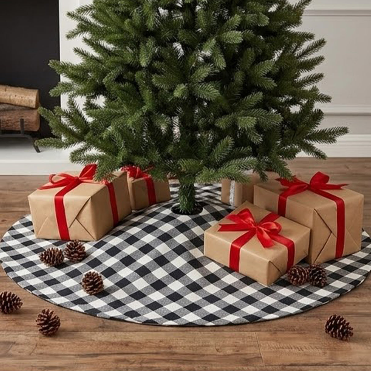 52IN Black White Plaid Christmas Tree Skirt with Pom Pom Ties