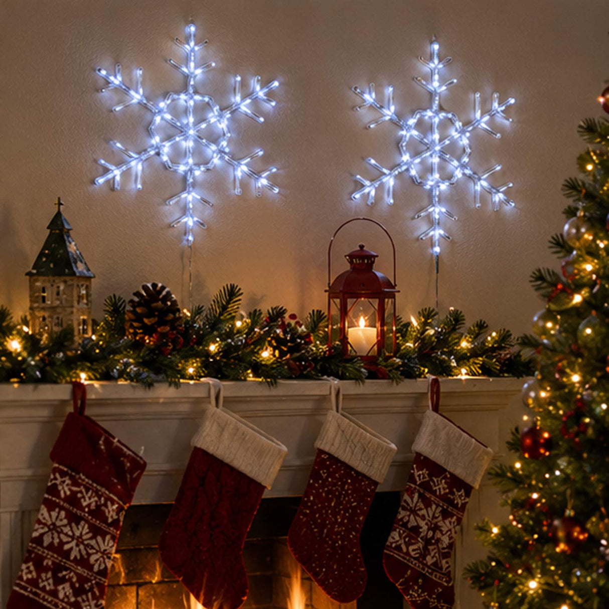 24IN Pre Lit Hexagonal Snowflake with Cool White LED Lights
