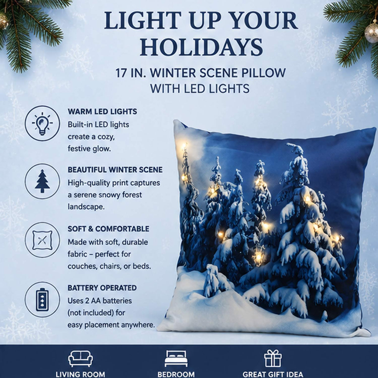 17IN Winter Scene Decorative Pillow with Warm White LED Lights Christmas Cushion