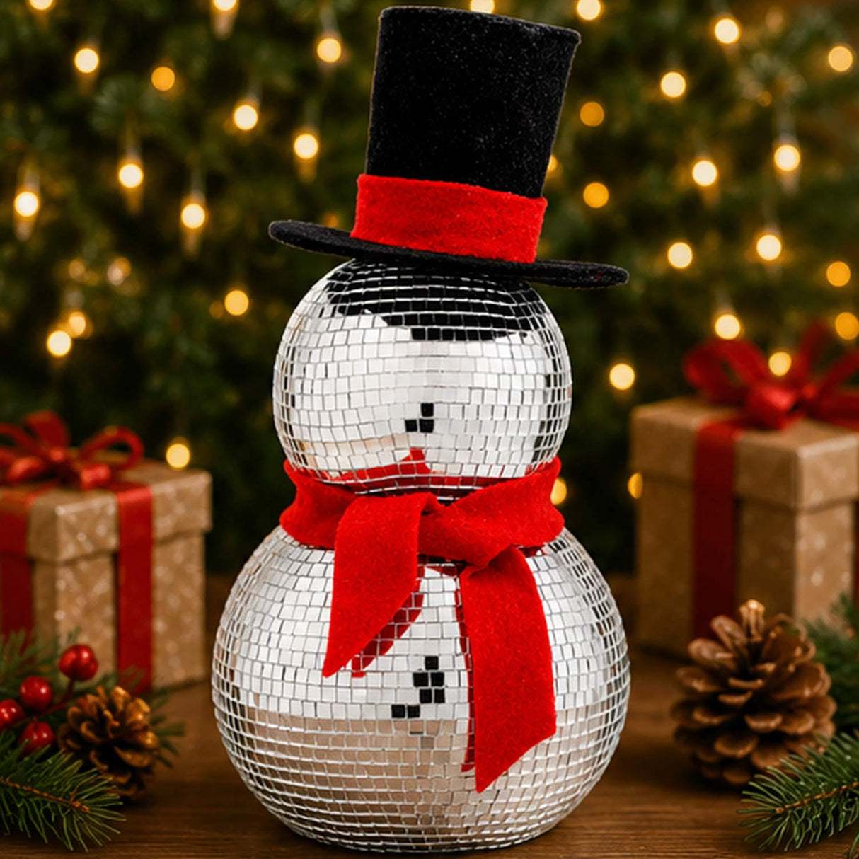 12IN Disco Snowman Figurine with Red Scarf & Black Top Hat Mirror Ball Christmas Decor