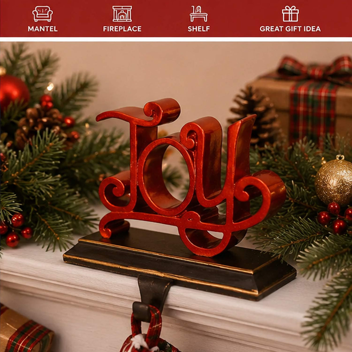 8IN JOY Christmas Stocking Holder with Gold Trim