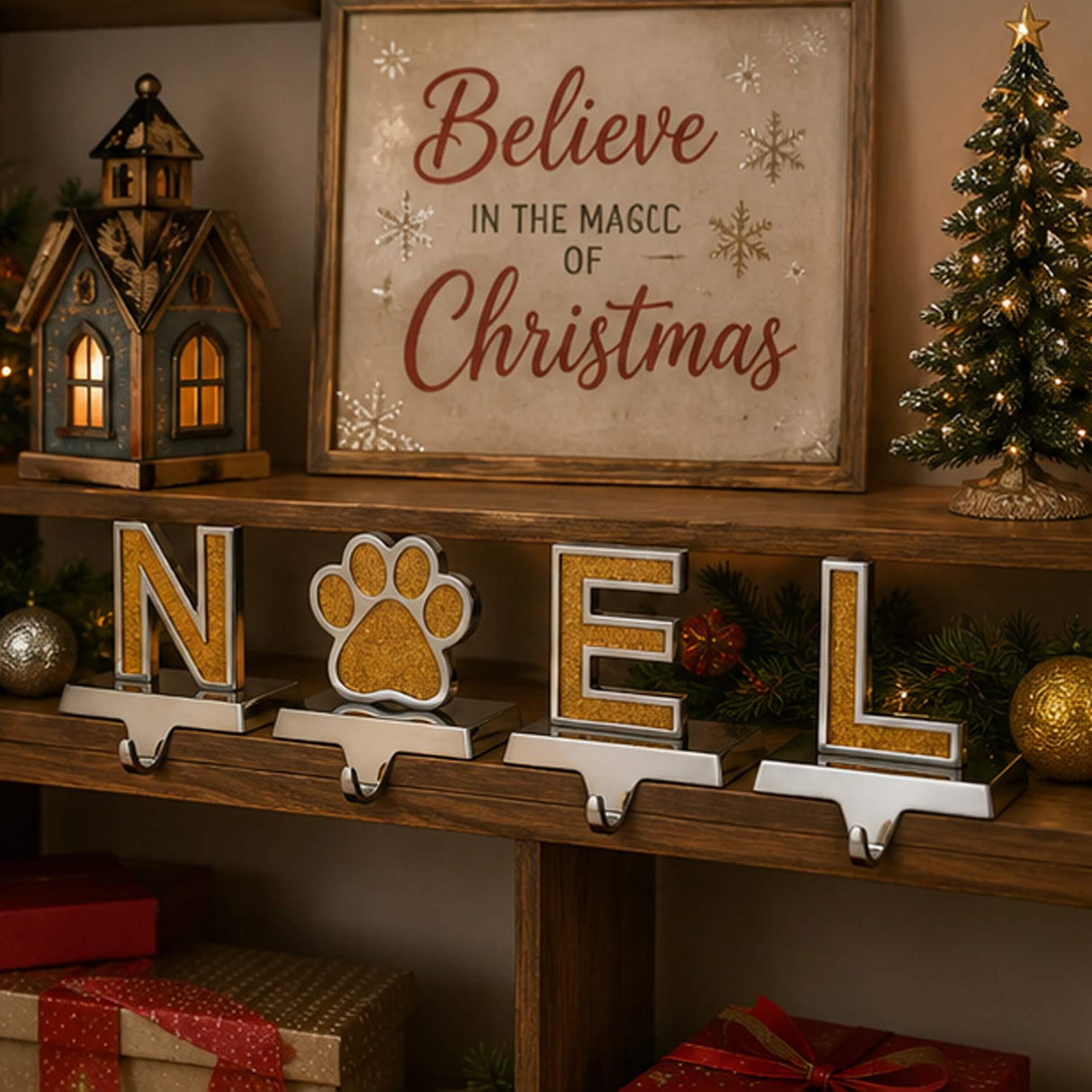 5IN 4-Piece Gold Sparkle NOEL Paw Print Stocking Holders