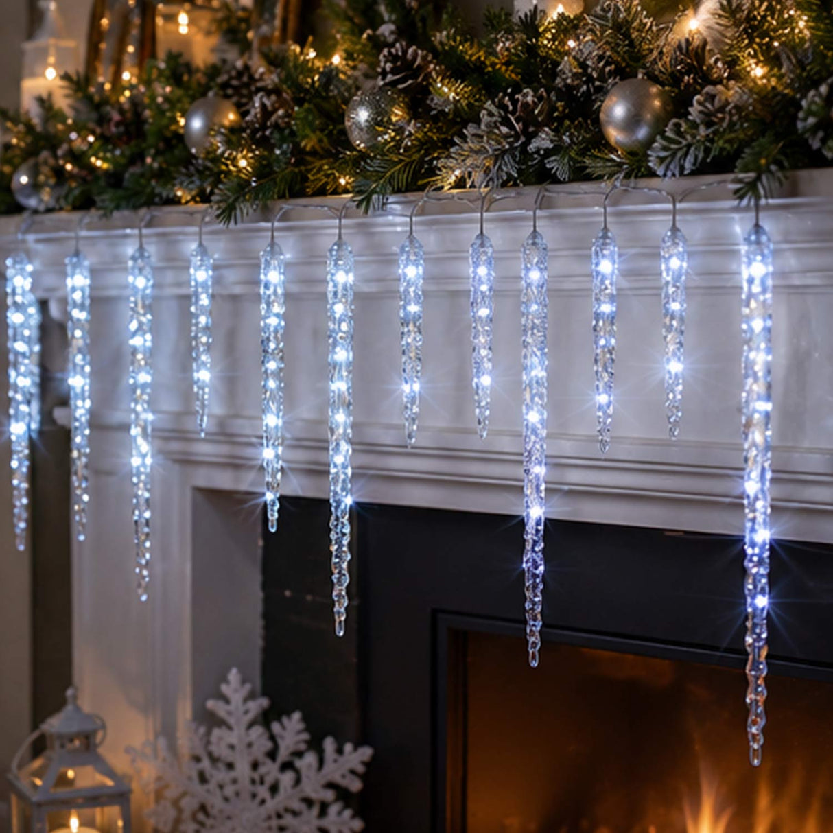 16IN Ice Crystals Icicles Set of 10 with Cool White LED Lights