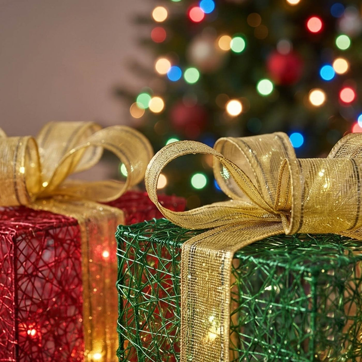 Pre-Lit Multicolor Christmas Gift Boxes Set of 3 with Warm White Lights