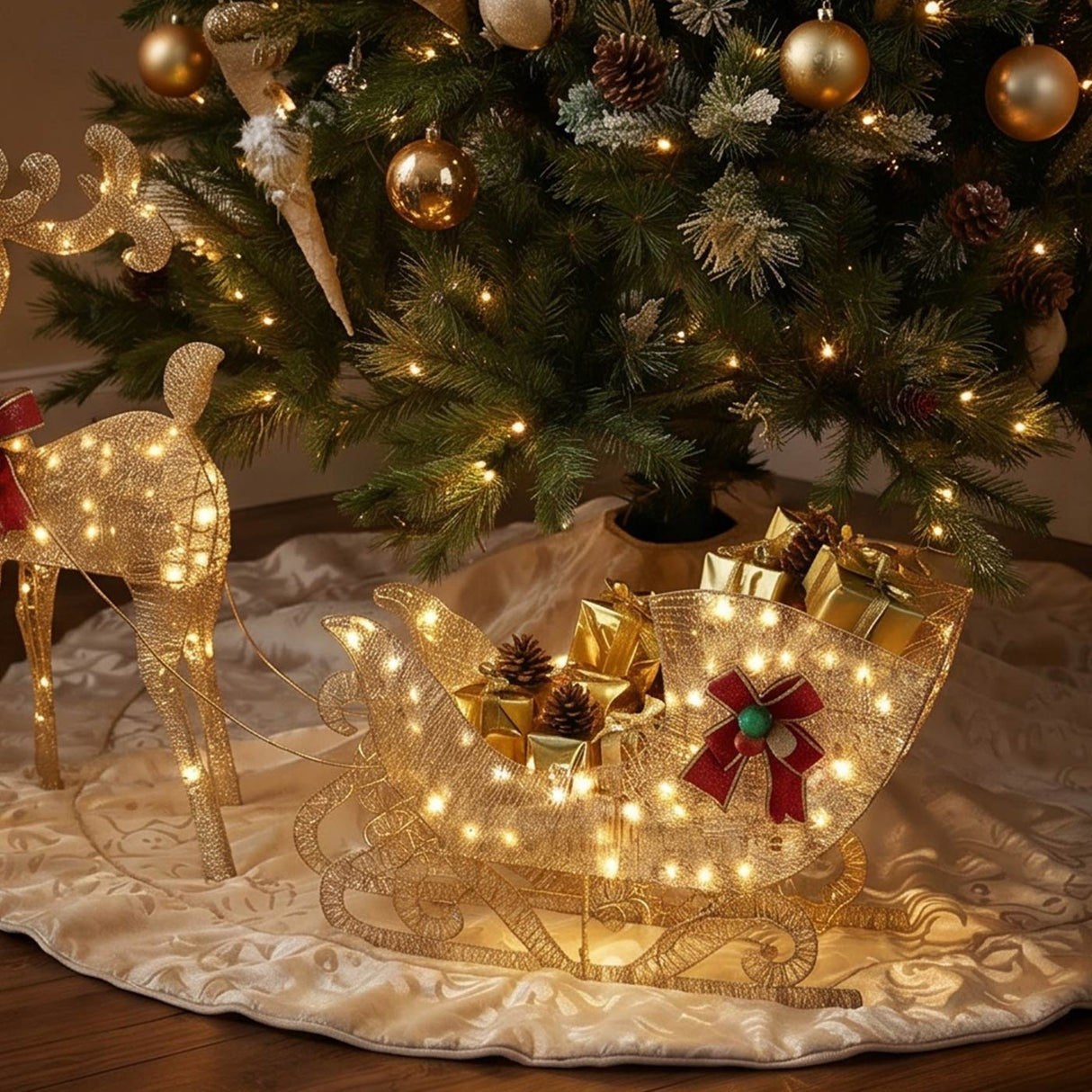 48IN Champagne Reindeer with 38IN Sleigh LED Christmas Decoration Set