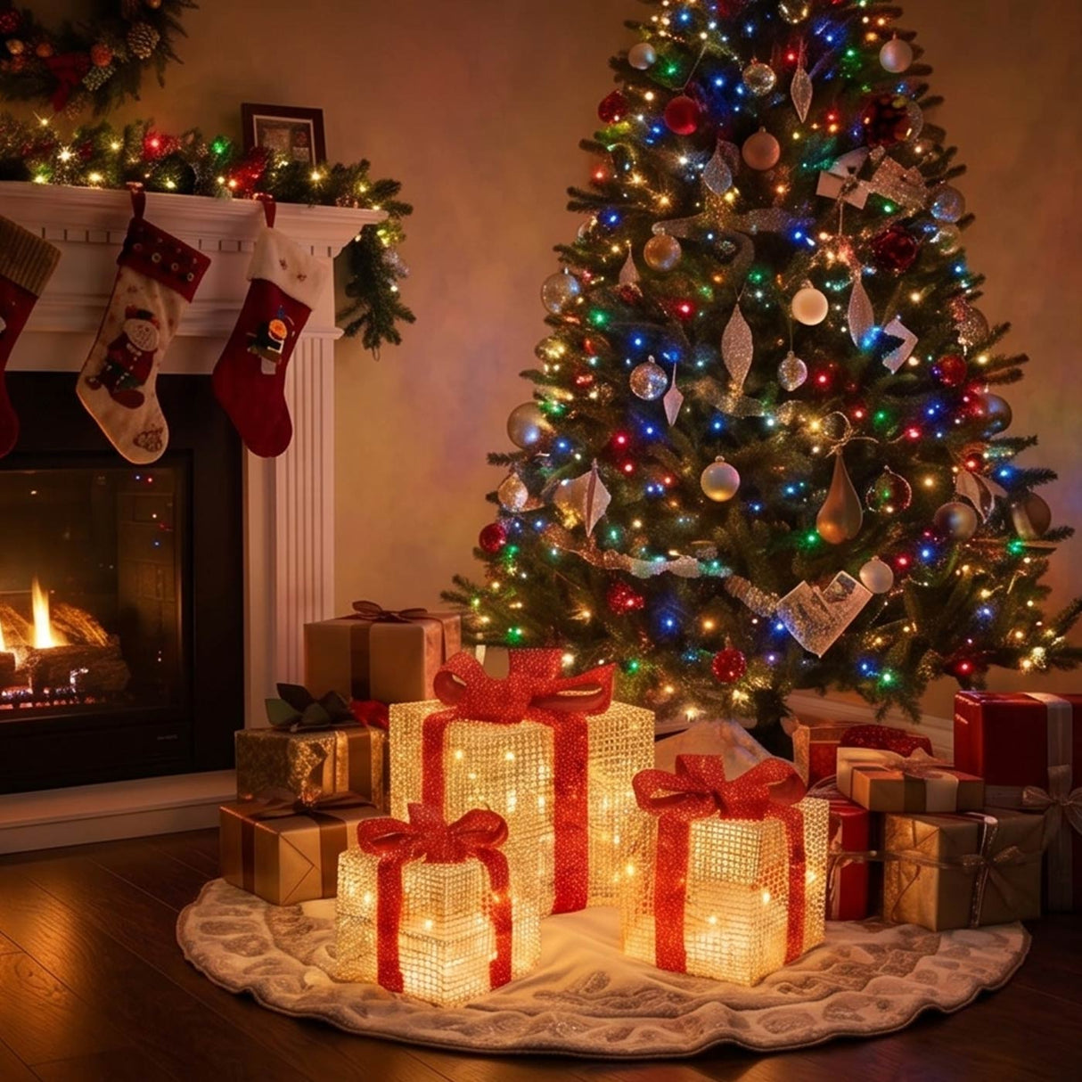 Pre-Lit Gold Gift Boxes, Set of Three, 35 White Lights