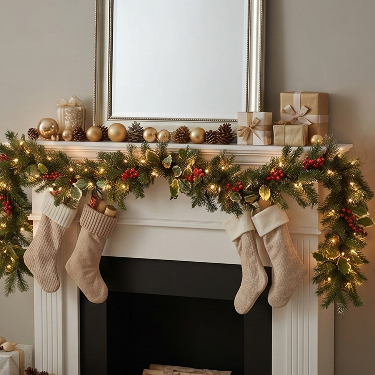 9FT Pre-Lit Classical Collection Garland with Clear Lights & Holly Leaves