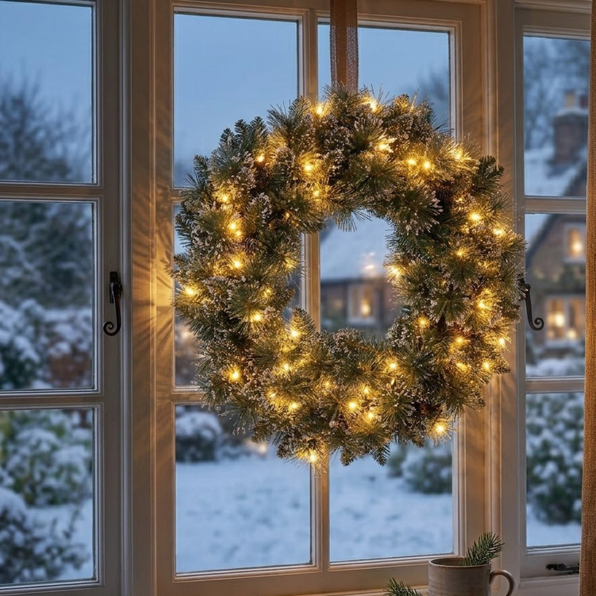 Pre-Lit Glittery Bristle Pine Wreath with Clear Lights, 24 Inch