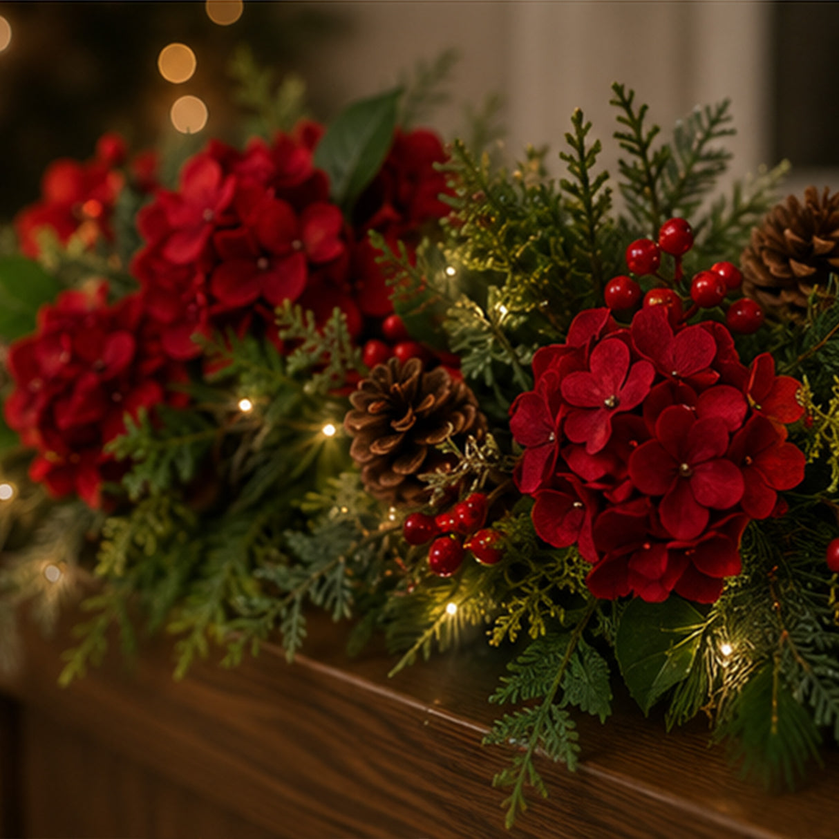 Pre-Lit Vienna Waltz Christmas Garland with LED Lights & Red Hydrangea, 9 Foot