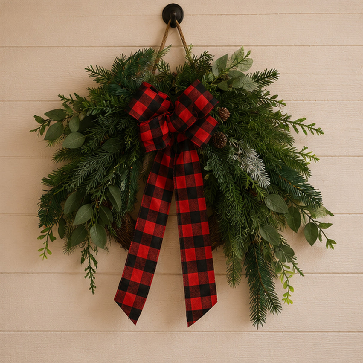 Mixed Pine Wreath with Buffalo Plaid Bow & Pinecones, 22 Inch Holiday Decor