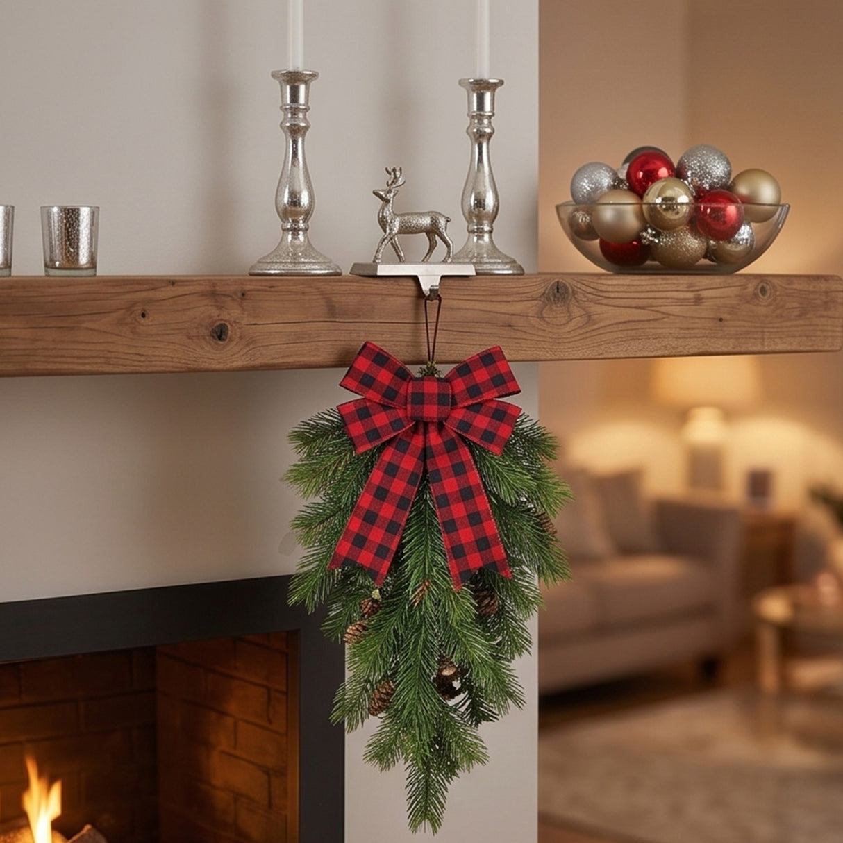 Mixed Pine Christmas Teardrop Swag with Plaid Bow, 30 Inch Door Decor