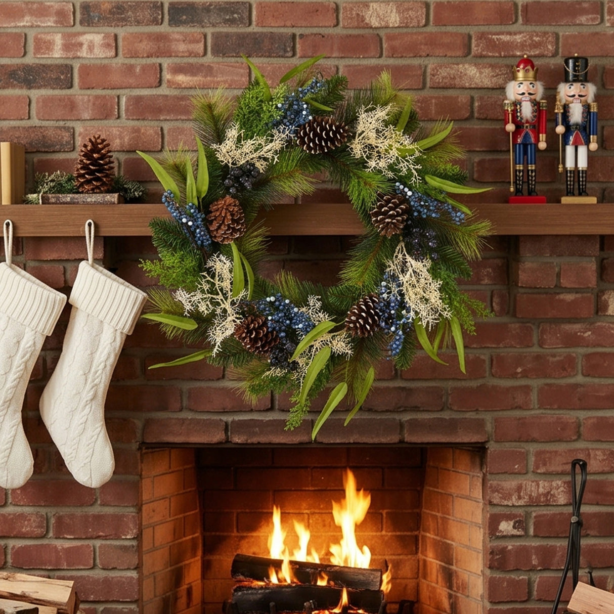 Blueberry Fields Christmas Wreath with Pinecones & Berries, 24 Inch Holiday Decor